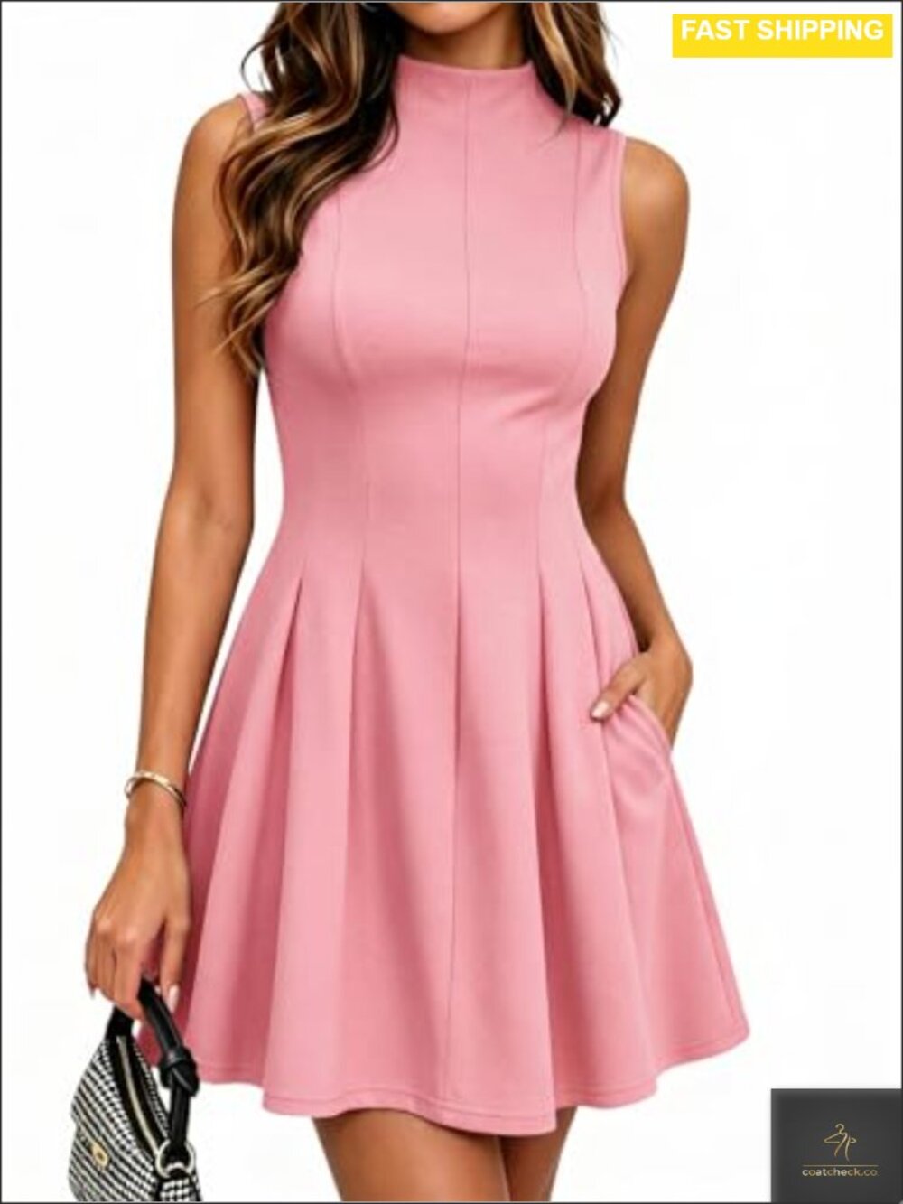 Sleeveless A-Line Mini Dress with Pockets Mock Neck